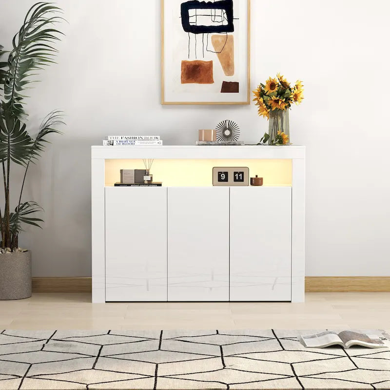 Aparador de 3 puertas blanco brillante con luces LED