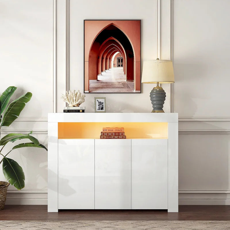 Aparador de 3 puertas blanco brillante con luces LED