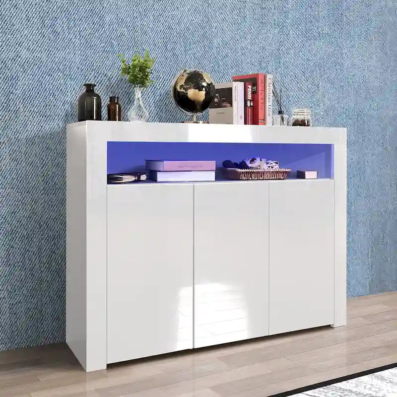 Aparador de 3 puertas blanco brillante con luces LED