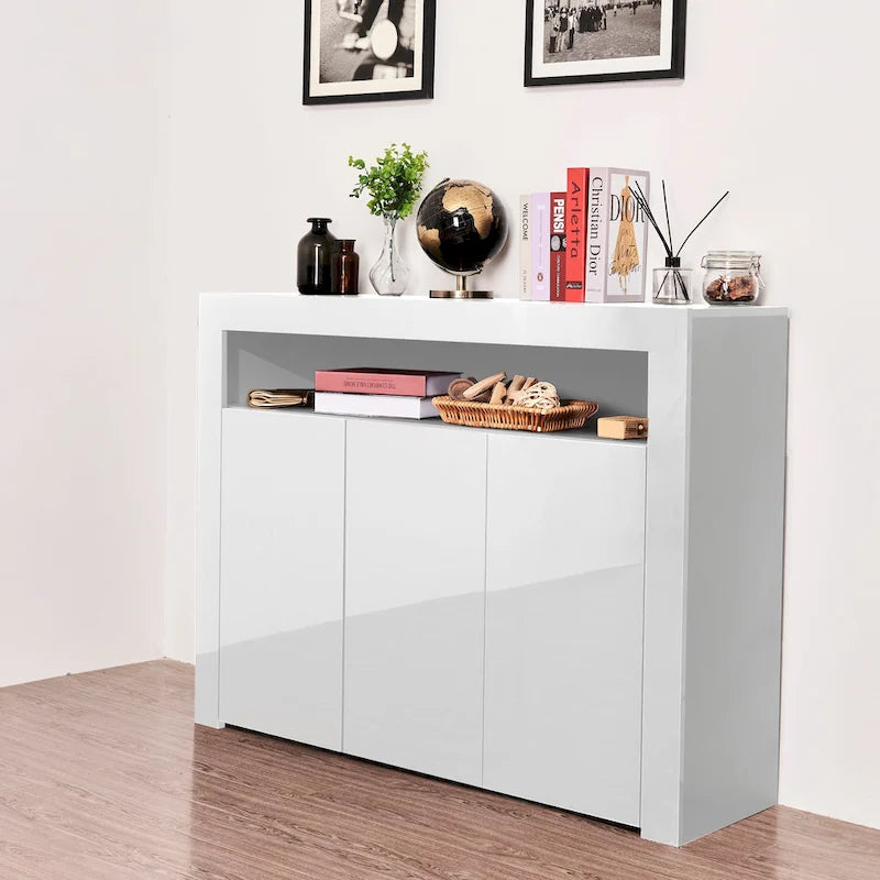 Aparador de 3 puertas blanco brillante con luces LED