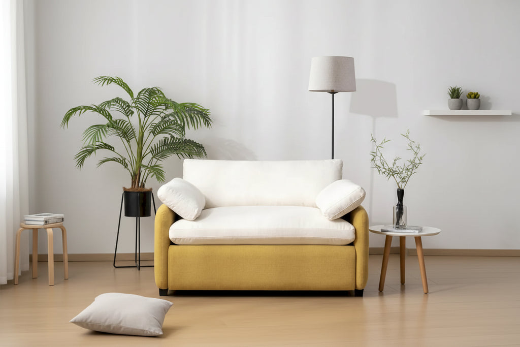 Sillón de chenilla con bloques de color azul y crema, 1 plaza