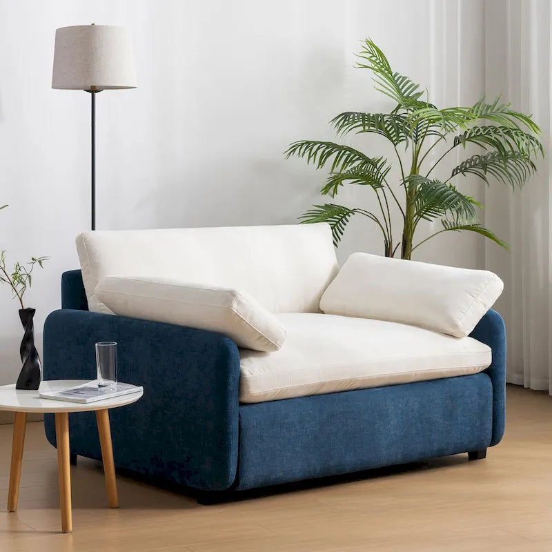 Sillón de chenilla con bloques de color azul y crema, 1 plaza