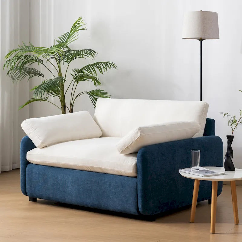 Sillón de chenilla con bloques de color azul y crema, 1 plaza