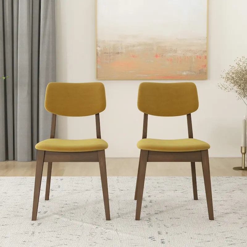 Silla de comedor moderna de mediados de siglo de terciopelo azul/naranja quemado/amarillo oscuro, juego de 2
