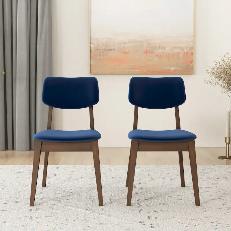 Silla de comedor moderna de mediados de siglo de terciopelo azul/naranja quemado/amarillo oscuro, juego de 2