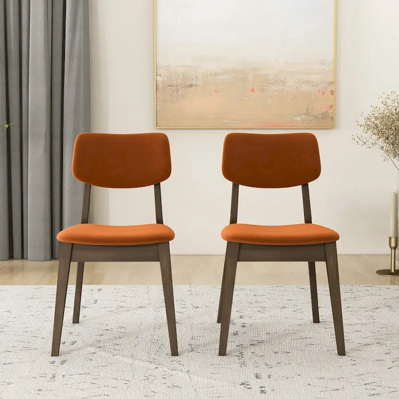 Silla de comedor moderna de mediados de siglo de terciopelo azul/naranja quemado/amarillo oscuro, juego de 2