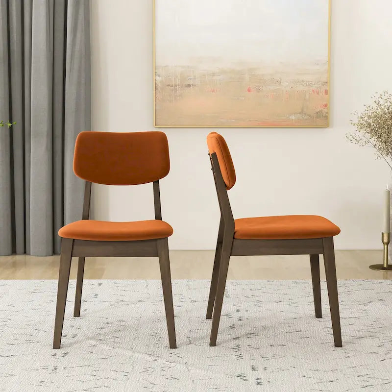 Silla de comedor moderna de mediados de siglo de terciopelo azul/naranja quemado/amarillo oscuro, juego de 2