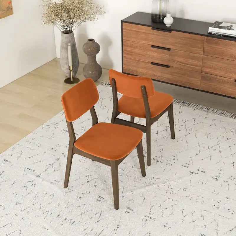 Silla de comedor moderna de mediados de siglo de terciopelo azul/naranja quemado/amarillo oscuro, juego de 2