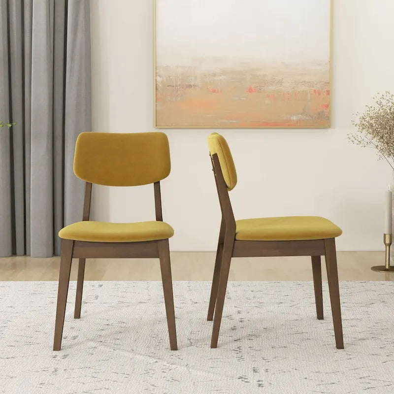 Silla de comedor moderna de mediados de siglo de terciopelo azul/naranja quemado/amarillo oscuro, juego de 2