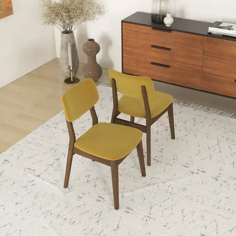 Silla de comedor moderna de mediados de siglo de terciopelo azul/naranja quemado/amarillo oscuro, juego de 2