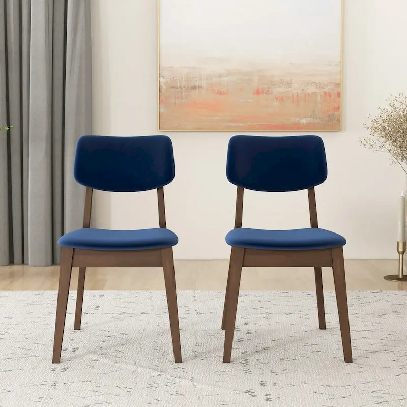 Silla de comedor moderna de mediados de siglo de terciopelo azul/naranja quemado/amarillo oscuro, juego de 2