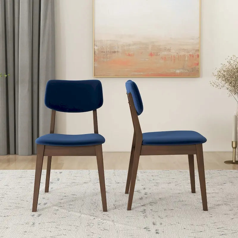 Silla de comedor moderna de mediados de siglo de terciopelo azul/naranja quemado/amarillo oscuro, juego de 2
