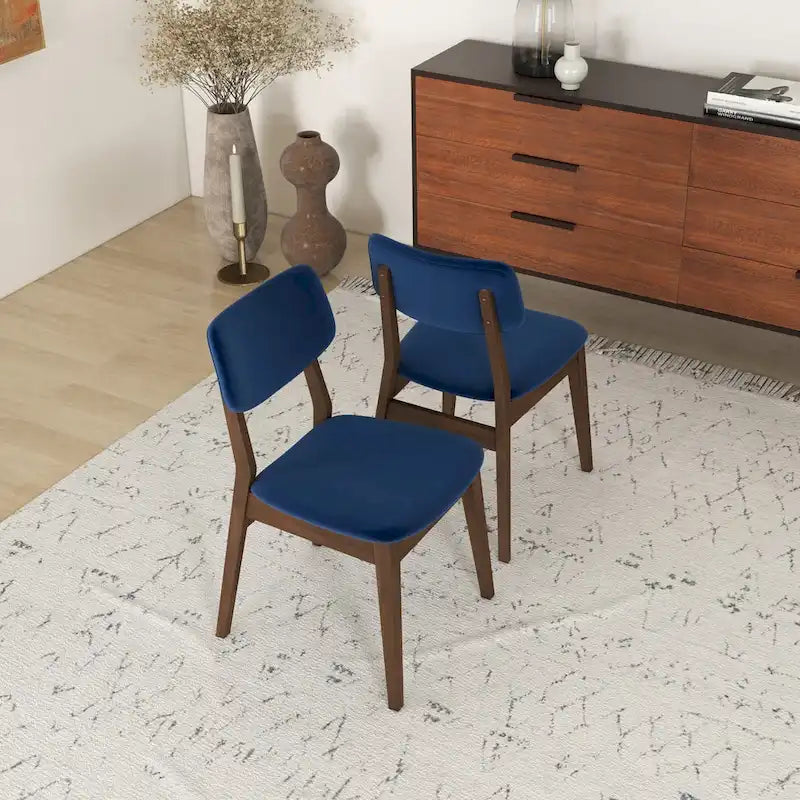 Silla de comedor moderna de mediados de siglo de terciopelo azul/naranja quemado/amarillo oscuro, juego de 2