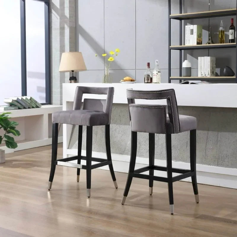 Taburete de bar de terciopelo crema/gris/azul marino con tachuelas, 1 asiento