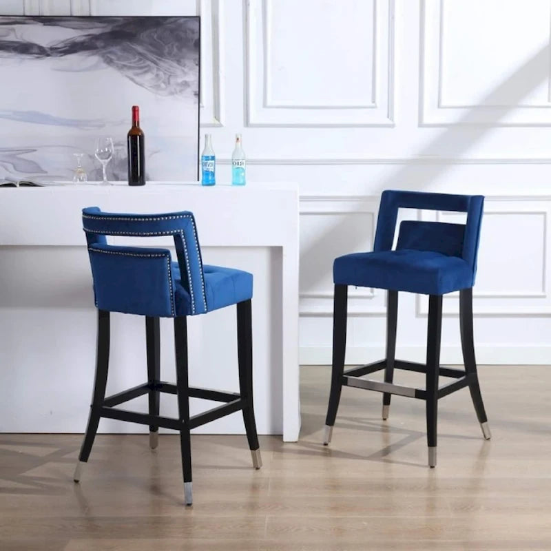 Taburete de bar de terciopelo crema/gris/azul marino con tachuelas, 1 asiento