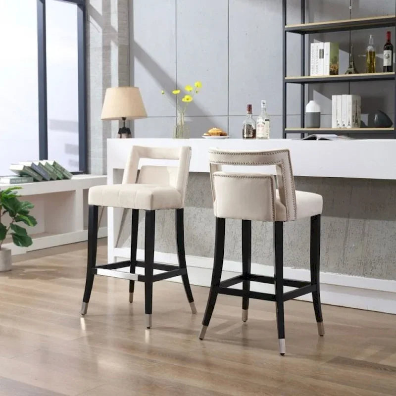 Taburete de bar de terciopelo crema/gris/azul marino con tachuelas, 1 asiento