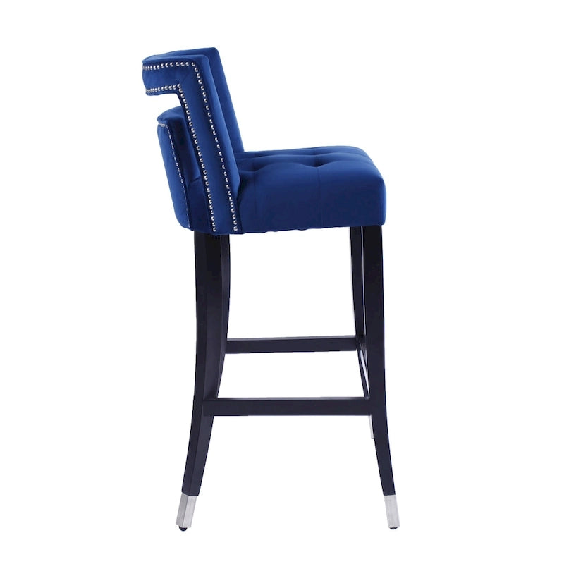 Taburete de bar de terciopelo crema/gris/azul marino con tachuelas, 1 asiento