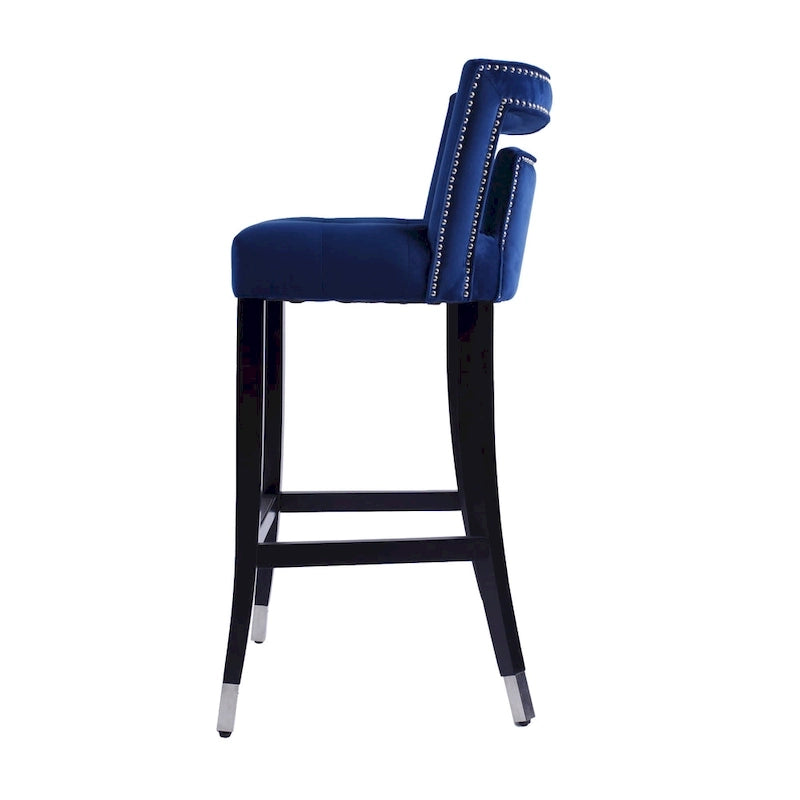 Taburete de bar de terciopelo crema/gris/azul marino con tachuelas, 1 asiento
