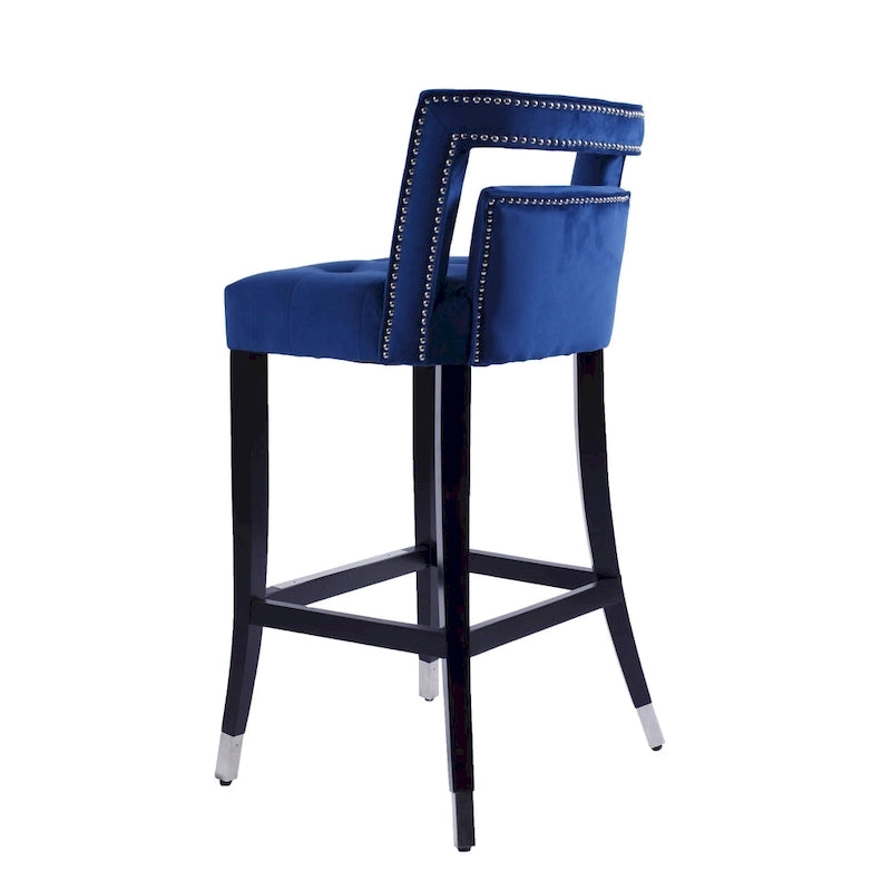 Taburete de bar de terciopelo crema/gris/azul marino con tachuelas, 1 asiento