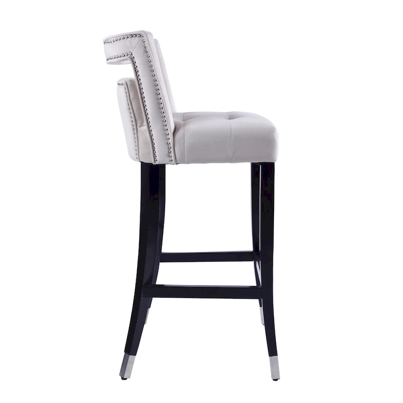 Taburete de bar de terciopelo crema/gris/azul marino con tachuelas, 1 asiento