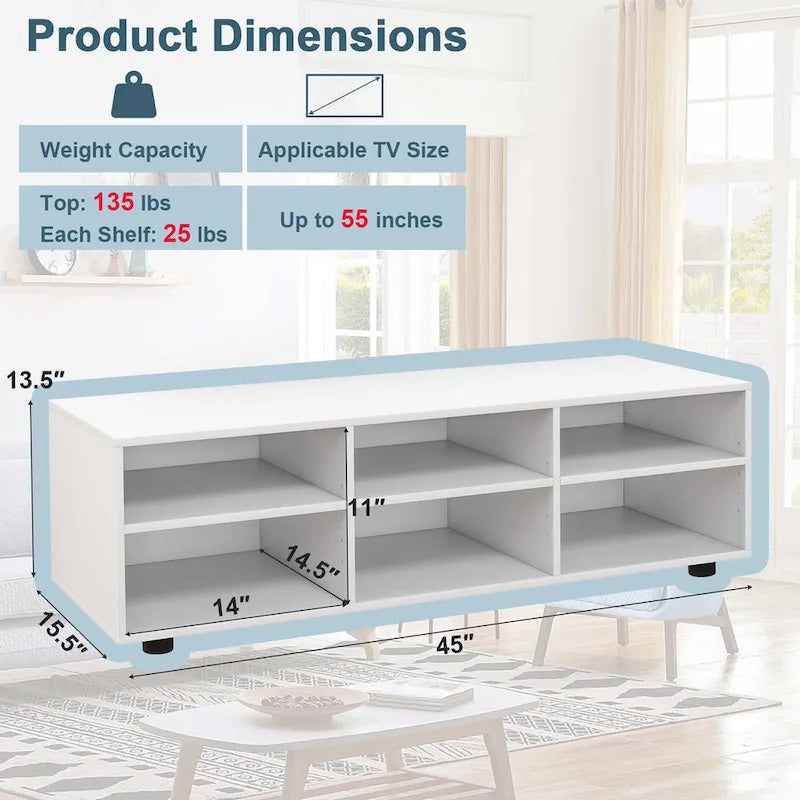 Mueble para TV blanco de 6 compartimentos, hasta 55"