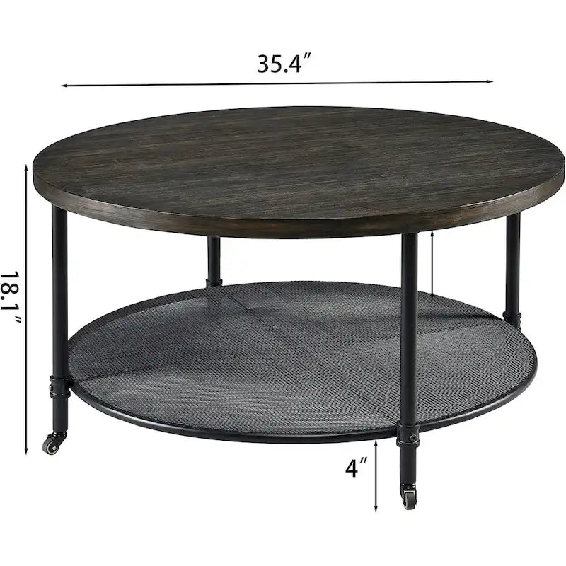 Mesa de centro redonda industrial rústica negra con ruedas