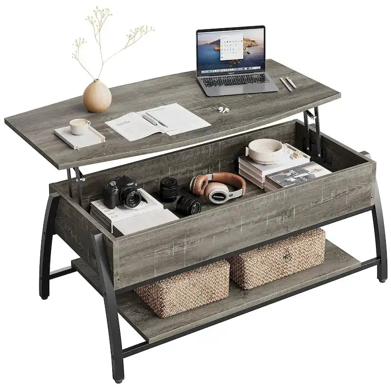 Mesa de centro ovalada elevable Retro gris roble / marrón rústico con almacenamiento oculto