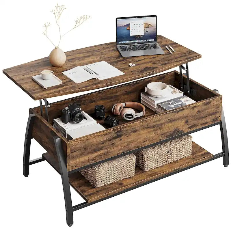 Mesa de centro ovalada elevable Retro gris roble / marrón rústico con almacenamiento oculto