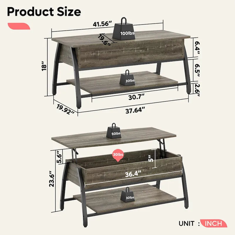 Mesa de centro ovalada elevable Retro gris roble / marrón rústico con almacenamiento oculto