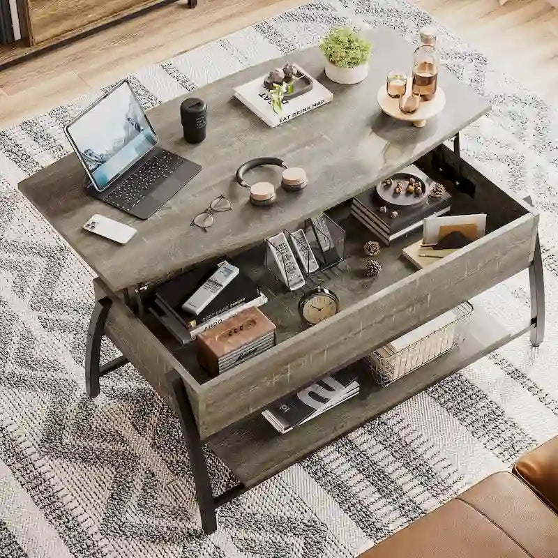 Mesa de centro ovalada elevable Retro gris roble / marrón rústico con almacenamiento oculto