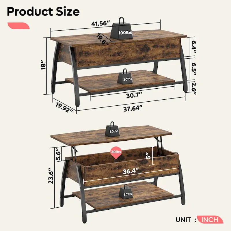 Mesa de centro ovalada elevable Retro gris roble / marrón rústico con almacenamiento oculto