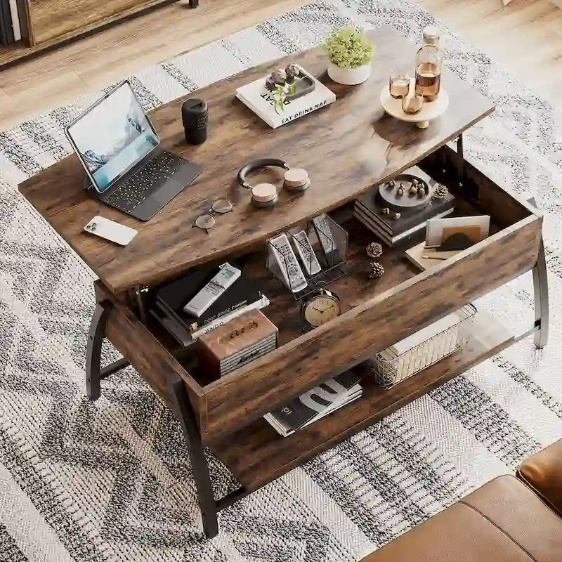Mesa de centro ovalada elevable Retro gris roble / marrón rústico con almacenamiento oculto