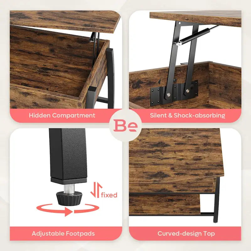 Mesa de centro ovalada elevable Retro gris roble / marrón rústico con almacenamiento oculto