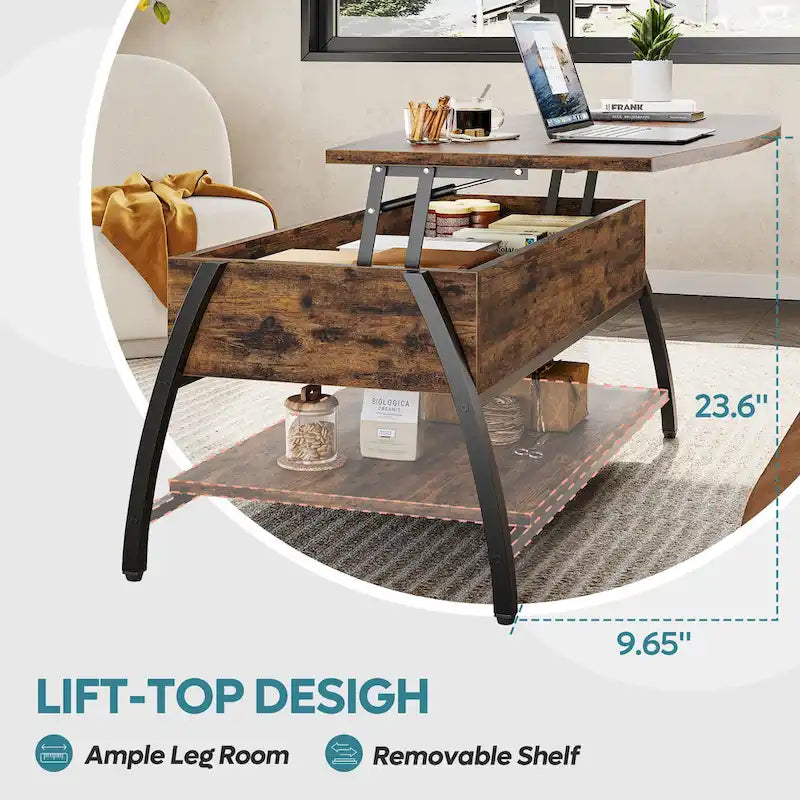 Mesa de centro ovalada elevable Retro gris roble / marrón rústico con almacenamiento oculto