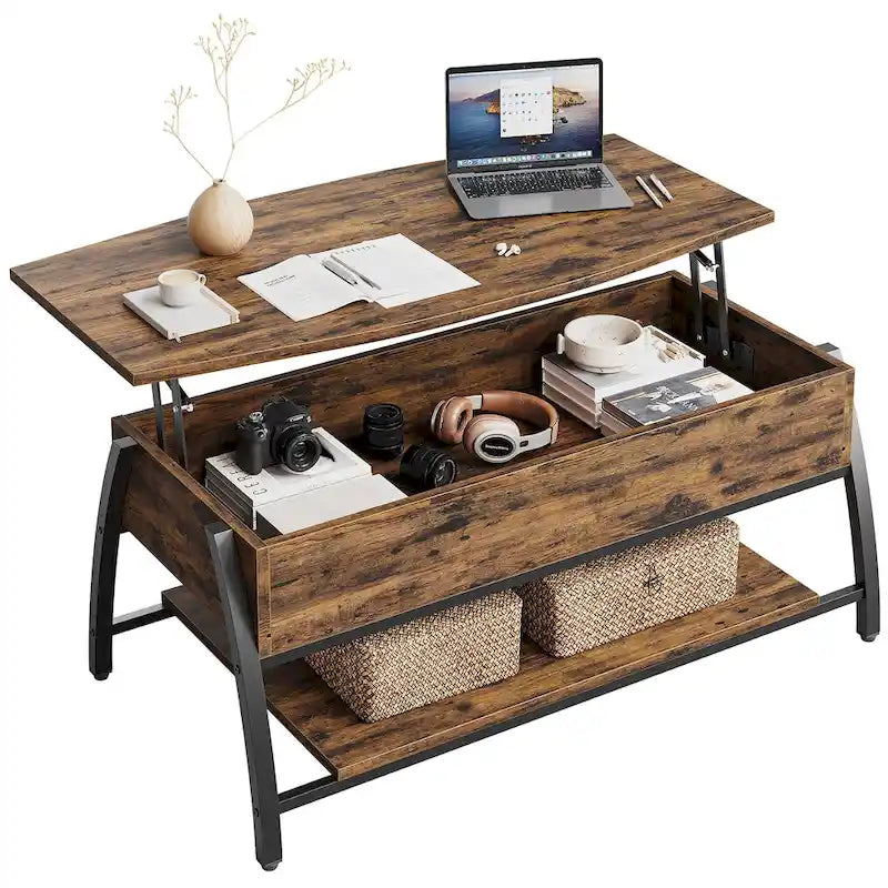Mesa de centro ovalada elevable Retro gris roble / marrón rústico con almacenamiento oculto