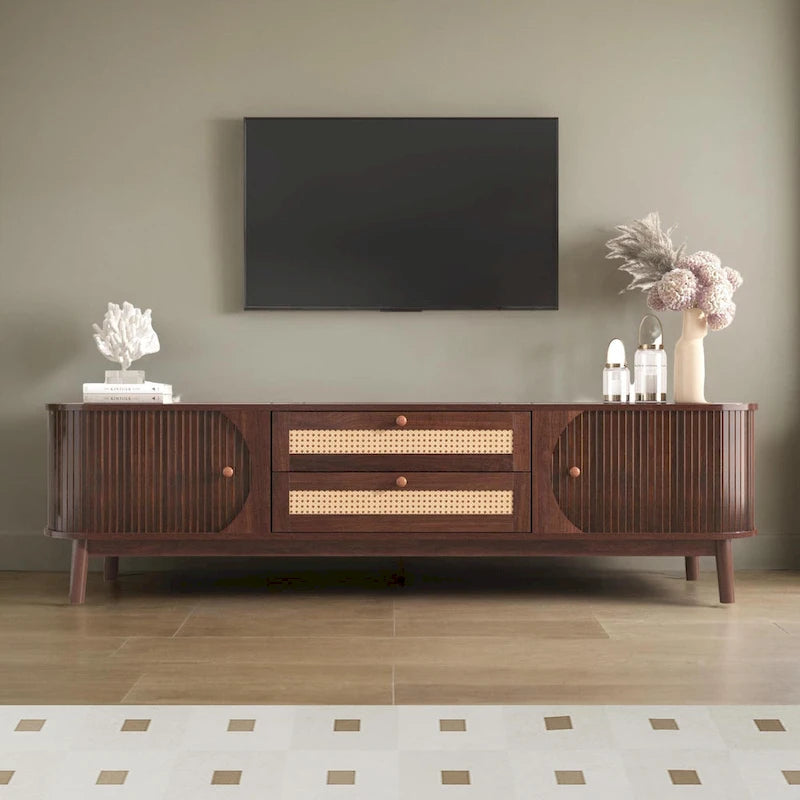 Rattan TV Stand for TVs up to 75 Modern Farmhouse Media Console,Entertainment Center with Solid Wood Legs