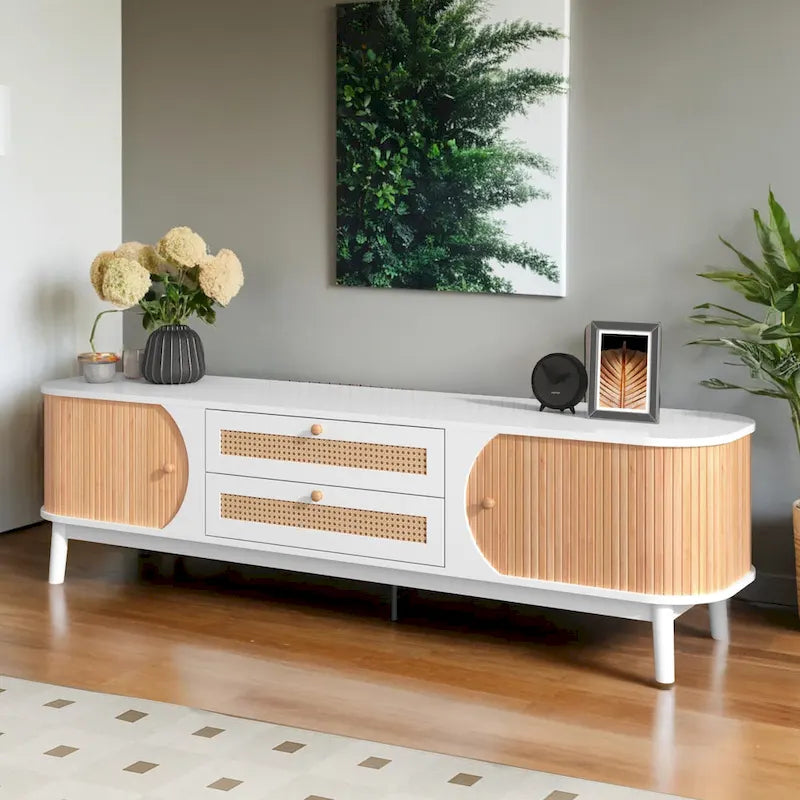 Mueble de TV de ratán natural, 2 colores, para televisores de hasta 75 pulgadas