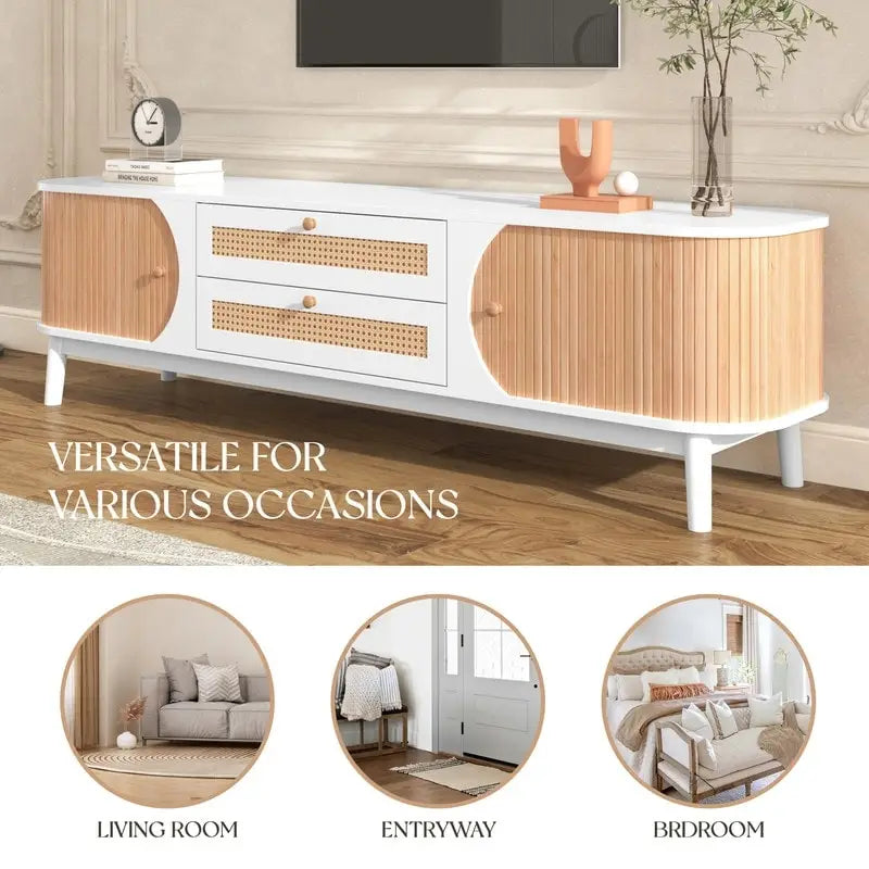 Mueble de TV de ratán natural, 2 colores, para televisores de hasta 75 pulgadas