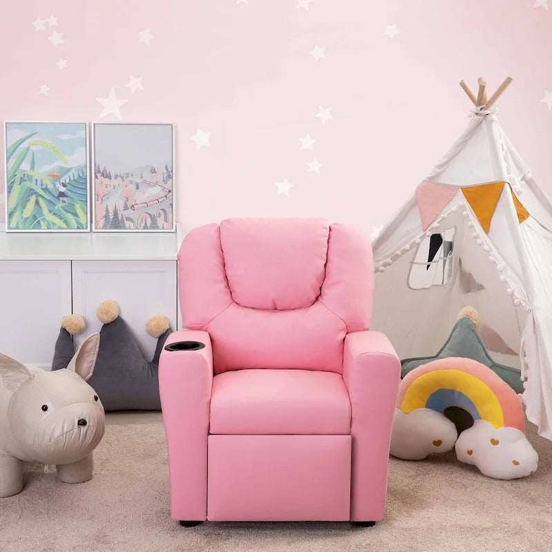 PVC Kids Recliner Chair with Push-Back Reclining Function, Cup Holder, and Comfortable Footres