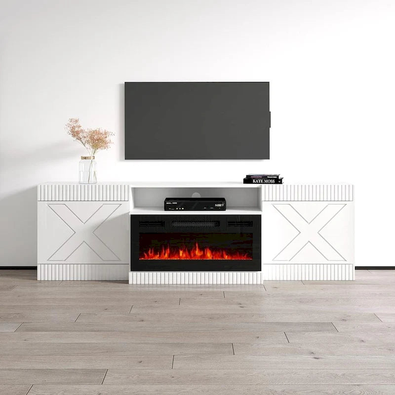 Mueble de TV con chimenea eléctrica blanco/negro – Para televisores de hasta 90"