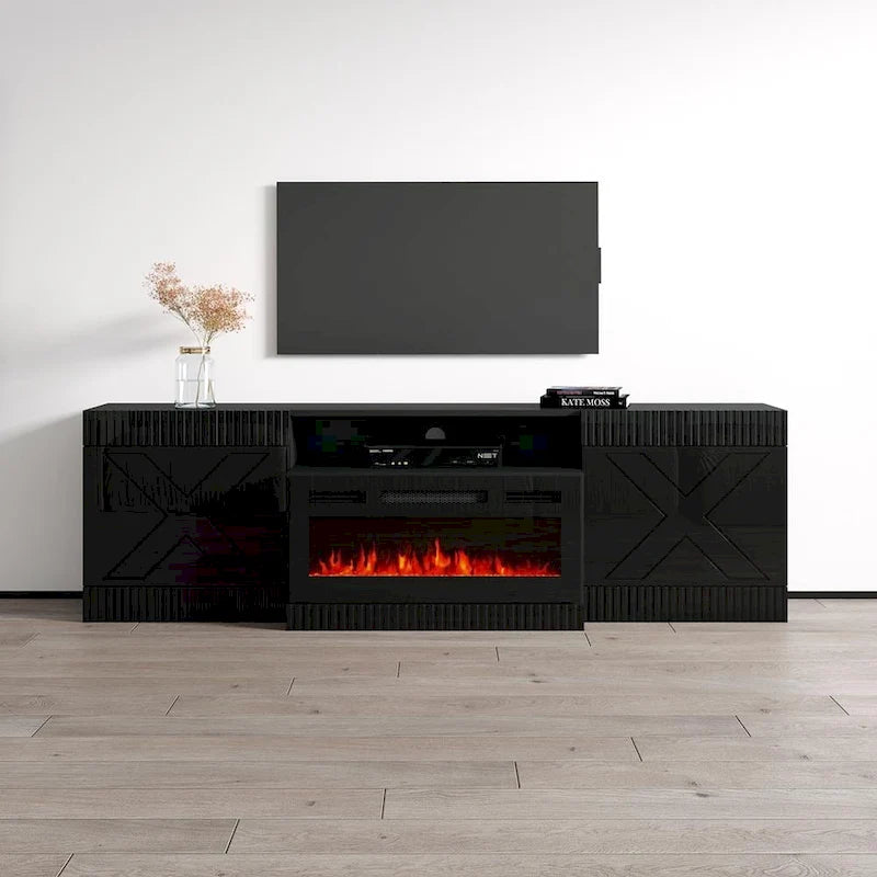 Mueble de TV con chimenea eléctrica blanco/negro – Para televisores de hasta 90"