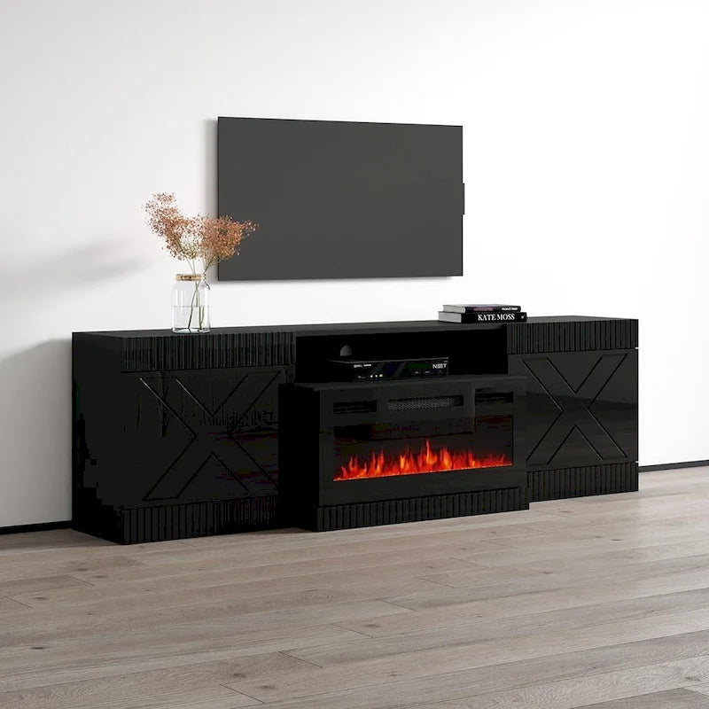 Mueble de TV con chimenea eléctrica blanco/negro – Para televisores de hasta 90"