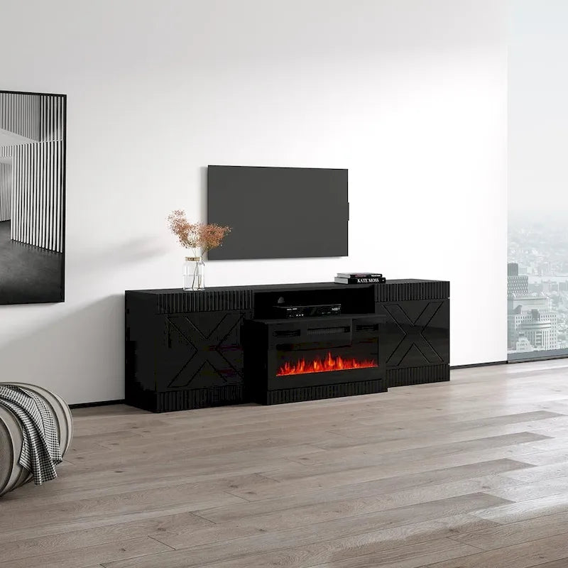 Mueble de TV con chimenea eléctrica blanco/negro – Para televisores de hasta 90"