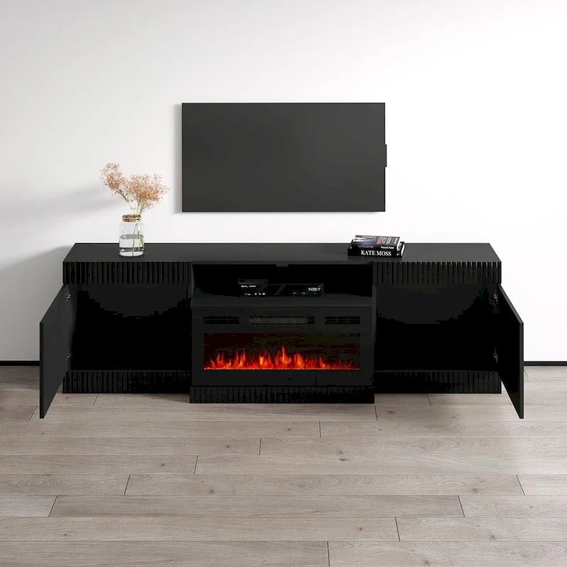 Mueble de TV con chimenea eléctrica blanco/negro – Para televisores de hasta 90"