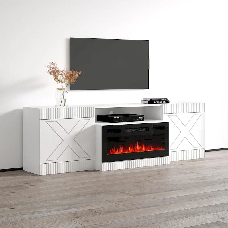 Mueble de TV con chimenea eléctrica blanco/negro – Para televisores de hasta 90"