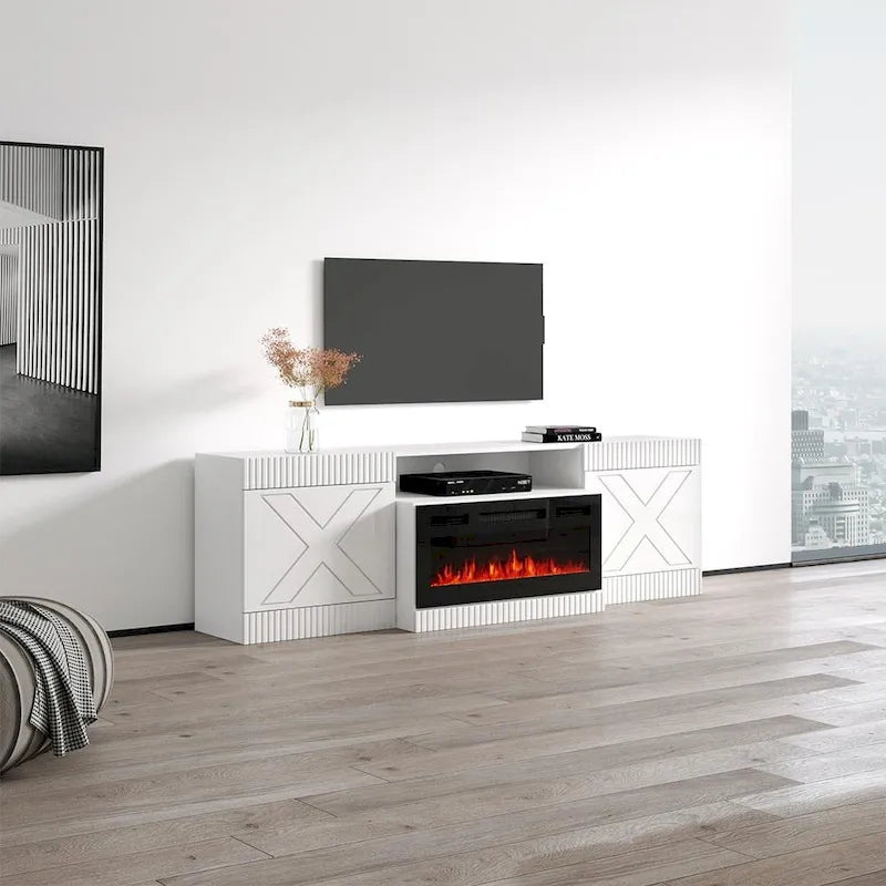 Mueble de TV con chimenea eléctrica blanco/negro – Para televisores de hasta 90"