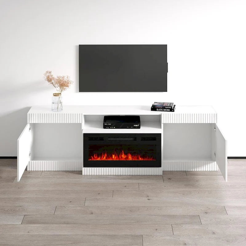 Mueble de TV con chimenea eléctrica blanco/negro – Para televisores de hasta 90"