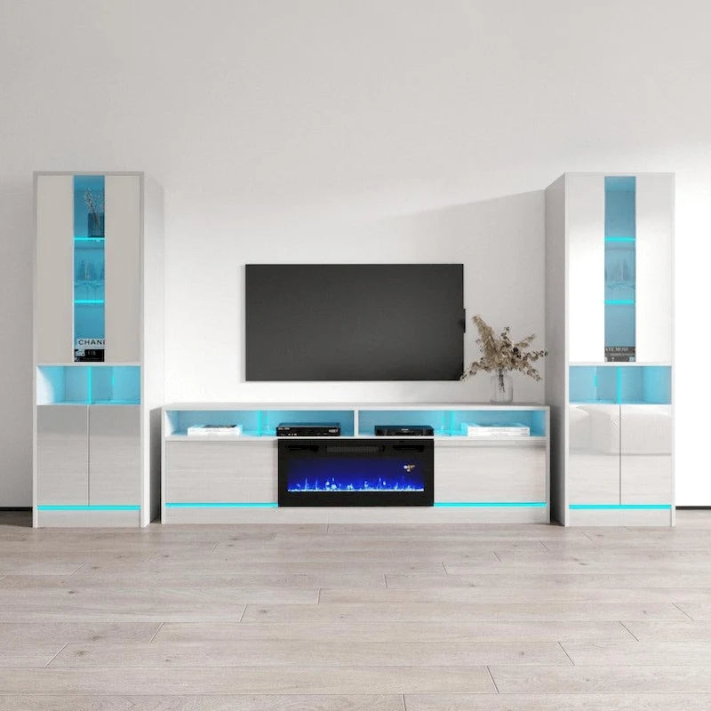 Mueble de TV de alto brillo blanco y negro con chimenea eléctrica – Juego de 2 librerías