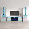 Mueble de TV de alto brillo blanco y negro con chimenea eléctrica – Juego de 2 librerías