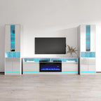 Mueble de TV de alto brillo blanco y negro con chimenea eléctrica – Juego de 2 librerías